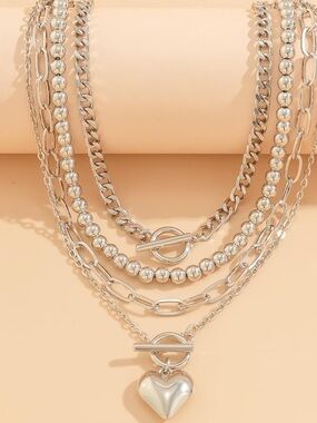 Layered Silver Heart Toggle Necklace - Women Jewelry